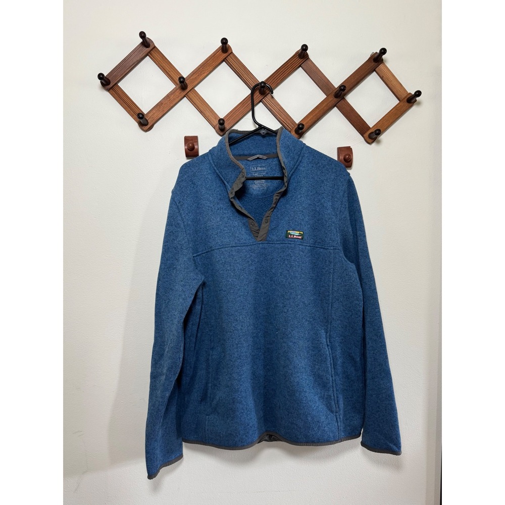 LL Bean Sweater Fleece Pullover Mens Large Tall Blue Snap Neck Katahdin Logo
